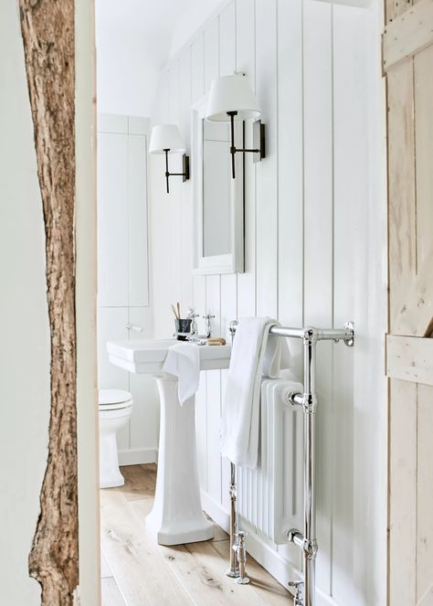 How to light a bathroom | Neptune Neptune Bathroom, Candle Light Bath, Wooden Footstool, Power Shower, Lighting Plan, Wooden Ladder, Dark Walls, White Towels, Shower Tray