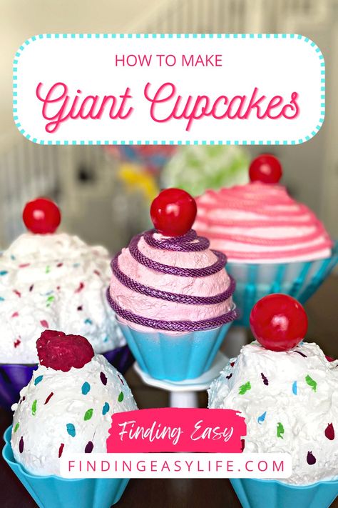 Diy Giant Cupcake Decoration, Candy Themed Birthday Party Ideas Diy, How To Make Gum Drops Decorations, Diy Giant Cupcake Prop, Diy Cupcake Decorations, Giant Cupcake Decoration Diy, Diy Gumdrops Decorations, Diy Giant Cupcake, Diy Giant Candy Props