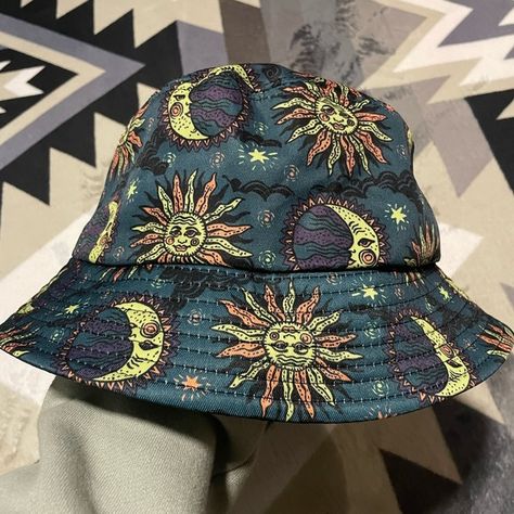 Sun & Moon Print Bucket Hat Painted Bucket Hat, Bucket Hat Ideas, Sun Accessories, Paint Buckets, Moon And Sun, Hat Ideas, Moon Print, Sun And Moon, Hat Shop