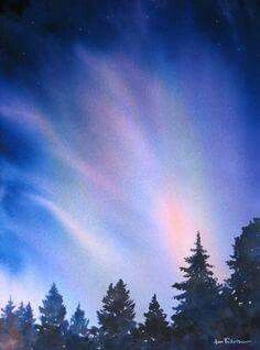 Northern Lights Watercolor, Watercolor Sky, Winter Watercolor, Watercolor Projects, 수채화 그림, Watercolor Trees, Easy Watercolor, Watercolor Inspiration, Christmas Watercolor