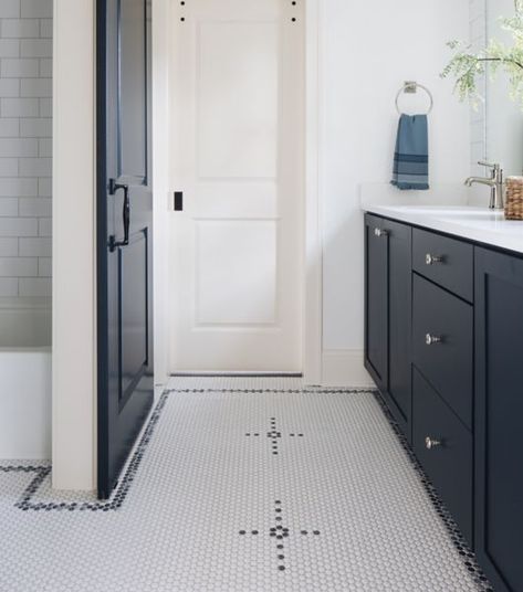 Bathroom with black and white sink vanity, white walls and door. Penny Round Tile Floor, Dark Eclectic, Bathroom Floor Tile Ideas, Floor Tile Ideas, Bathroom Floor Tile, Tile Backsplash Bathroom, Add A Bathroom, Penny Tile, Penny Round