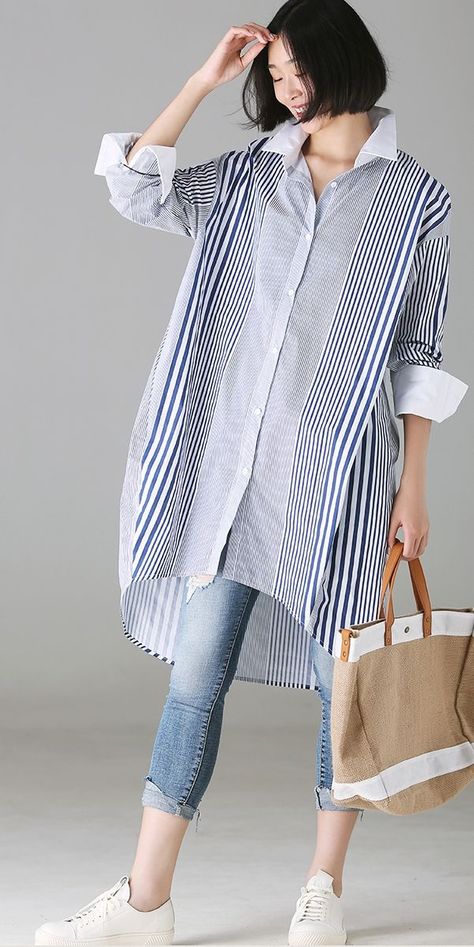 Fashion Loose Striped Cotton Long Shirt For Women C2088 Loose Long Shirts For Women, Women Long Shirt Outfit, Long Shirt Outfits Summer, Long Striped Shirt Outfit, Striped Shirts For Women, Long Shirt Outfits Women, Long Shirts For Women Style, Long Shirts For Women Casual, Stripe Shirt Outfits Women Casual