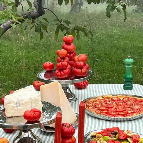 Hannah Kleeberg on Instagram: "Tomatoe Table in the Fog A table set up for an sicilian wedding at @casa.lawa 🌀 We dived into the late summer season and last tomatoes of this year and created a Tomato Tarte, Tomato Arancini, a Tomato Fig Salad & some cheeses go along. And of course some tomato candles. styling & set up: @feylewiza @hooliganhanni & @charlosch tablecloth: @ilovelinen Sending you love 💙 #tablestyling #tablescapes #tablesetting #foodstyling #foodart" Tomato Decoration, Tomato Centerpiece, Tomato Dinner Party, Tomato Floral Arrangement, Tablecloth Wedding, Tomato Party Decorations, Late Summer Party, Tomato Party Theme, Fruit On Table