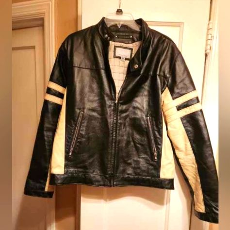 WILSON'S BLACK/WHITE STRIPED  LEATHER JACKET Striped Leather Jacket, White Leather Jacket, Leather Jacket Black, Leather Motorcycle Jacket, Yellow Stripes, Jacket Vintage, Black Leather Jacket, Black Stripes, White Leather