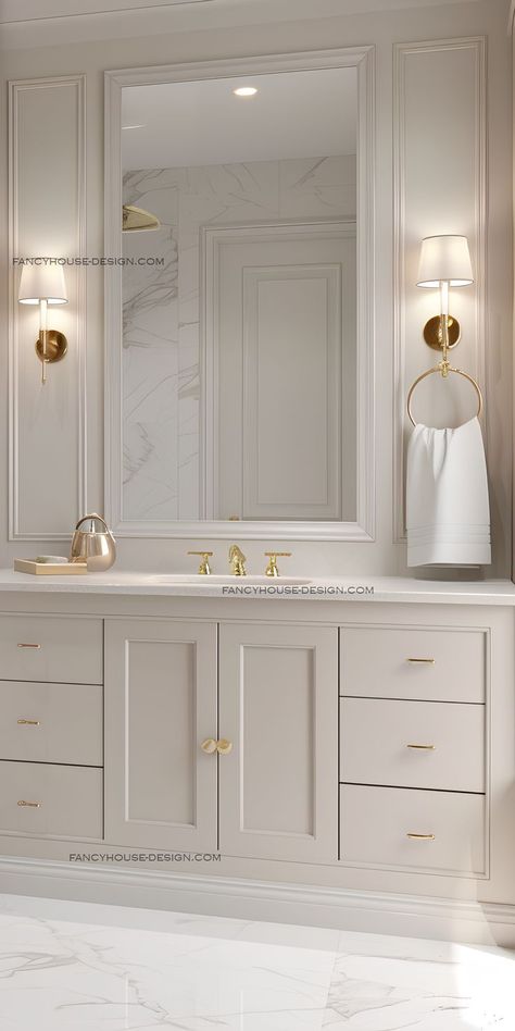 The color palette in the bathroom is carefully curated for a harmonious look. Mirrors in design amplify light and create the illusion of space in the bathroom. Wall sconces and task lighting ensure functional lighting in the bathroom. Amazon Bathroom Decor, Transitional Style Bathroom, Master Bath Remodel, Bathroom Design Decor, Bathroom Remodel Designs, Chic Bathrooms, Bathroom Inspiration Decor, Bathroom Wall Sconces, Bathroom Renos