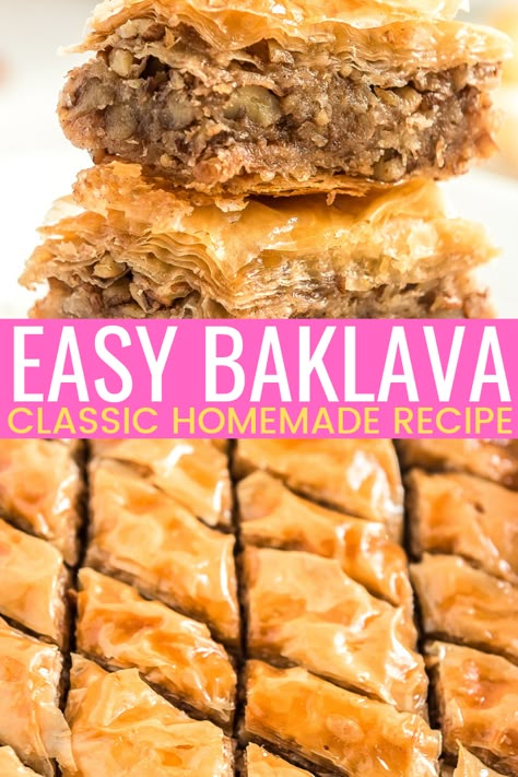 This easy and Classic Baklava recipe is loaded with layers of cinnamon, nuts, and butter and saturated in a simple honey syrup! Everyone will love this sweet and sticky dessert! via @sugarandsoulco Traditional Baklava Recipe, Baklava Recept, Baklava Recipe Easy, Baklava Dessert, Baklava Recipe, Cinnamon Nuts, Lemon Syrup, Honey Syrup, Easy Homemade Recipes