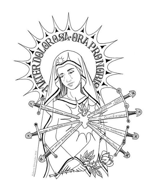 Mother Of Sorrows Tattoo, Our Lady Of Sorrows Tattoo, Lady Of Sorrows Tattoo, Our Lady Of Sorrows Art, Angelic Tattoos, Mother Of Sorrows, 7 Sorrows Of Mary, Catholic Kids Crafts, Catholic Kids Activities