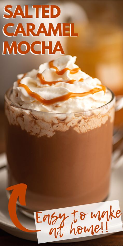 You can make a salted caramel mocha at home that’s even better than the coffee house version with just a few simple ingredients. Salted Caramel Coffee Recipe, Caramel Coffee Recipe, Starbucks Salted Caramel Mocha, Coffee Recipes At Home, Baking Mischief, Mocha At Home, Flavored Coffee Recipes, Diy Coffee Drinks, Easy Salted Caramel