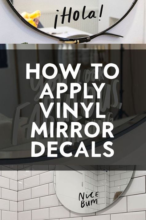 A collage of mirror decals with the text "How To Apply Mirror Decals" overlaying the collage Vinyl Mirror, Mirror Decals, Mirror Decal, Mirror Stickers, Step By Step Instructions, Decals Stickers, Step By Step, Tech Company Logos, Novelty Sign