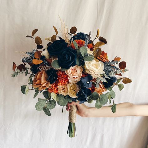 Faux Bouquet, Fall Wedding Color Schemes, Rusting Wedding, Orange Bouquets, Burnt Orange Weddings, Silk Wedding Bouquets, Fall Wedding Bouquets, Fall Wedding Flowers, Wedding Theme Colors