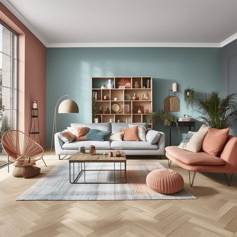 Terracotta et bleu : une association tendance pour sa déco ! Pink Living Room Walls, Terracotta Living Room, Blue And Pink Bedroom, Green Walls Living Room, Blue Grey Walls, Wall Color Combination, Modern Kitchen Design Grey, Monochrome Interior, Pink Living Room