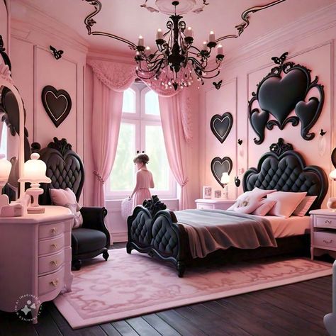 Fashion Room Decor Bedroom Ideas, Pink Black And Gold Bedroom, Pink And Black Quince, Pink And Black Bedroom Aesthetic, Black And Pink House, Pink Goth Bedroom, Black Pink Bedroom, Black Pink Room, Pink And Black Room Aesthetic