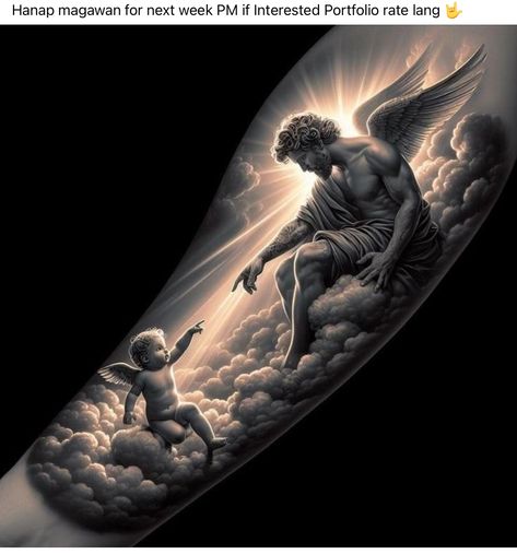 Two Angels Tattoo, Stairway To Heaven Tattoo, Angel Sleeve Tattoo, Christus Tattoo, Angels Tattoo, St Michael Tattoo, Archangel Tattoo, Heaven Tattoos, Two Angels