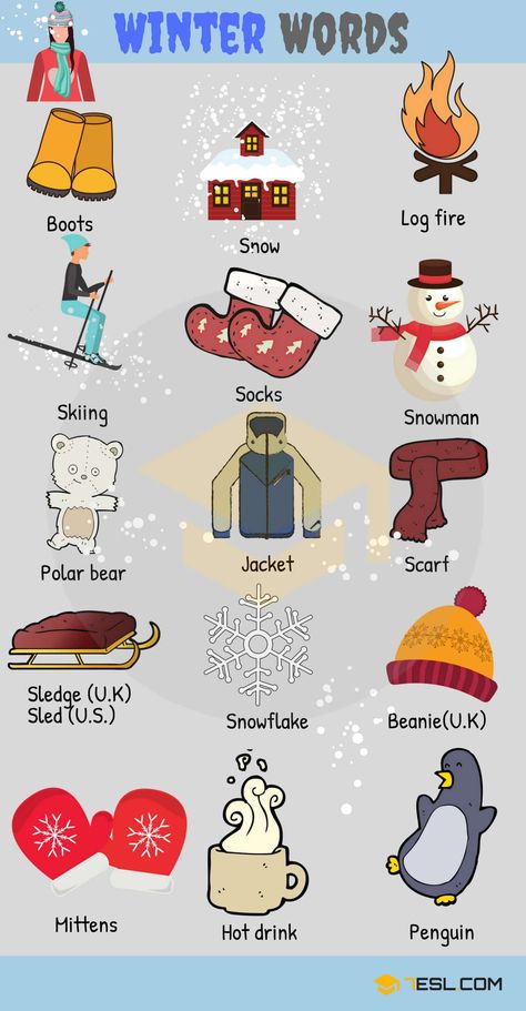 Seasons List: Useful Seasons Vocabulary Words with Pictures - 7 E S L English Winter, Winter Vocabulary, Language Logo, For Seasons, Winter Words, Learning English For Kids, Language Quotes, Language Art, Foreign Language Learning