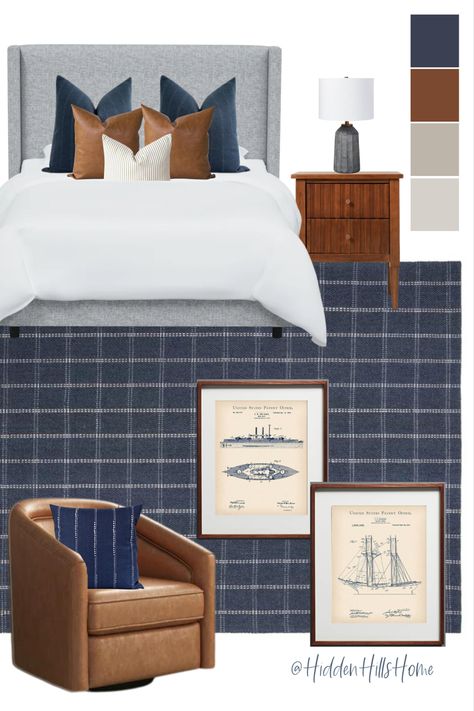 Teen boys nautical bedroom with navy blue and brown tones! This bedroom has a gray upholstered bed paired with a navy blue rug. Navy And Cognac Bedroom, Men’s Coastal Bedroom, Navy Masculine Bedroom, Navy Nautical Bedroom, Masculine Beach House Decor, Navy Tan Bedroom, Navy And Leather Bedroom, Coastal Masculine Bedroom, Masculine Beach House