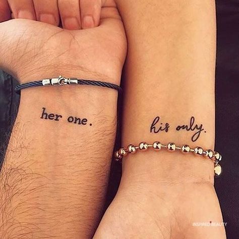 His One Her Only Tattoo, Tattoo Ideas For Spouse, His And Her Matching Tattoos, Cute Matching Couple Tattoos, Tattoo Husband And Wife, Marriage Tattoos Husband Wife, Matching Spouse Tattoos, Relationship Tattoos Couple Tat, Husband And Wife Matching Tattoos