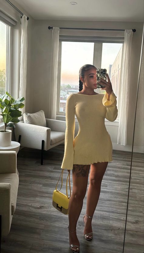 Luxury Fashion Black Women, Yellow Heels Outfit Classy, Aja Narie Outfits, Olive Dress Outfit Classy, Feminine Club Outfit, Birthday Dress Fall, Flirty Skirt Outfit, Vacation Wedding Guest Dress, Chill Dress Outfit