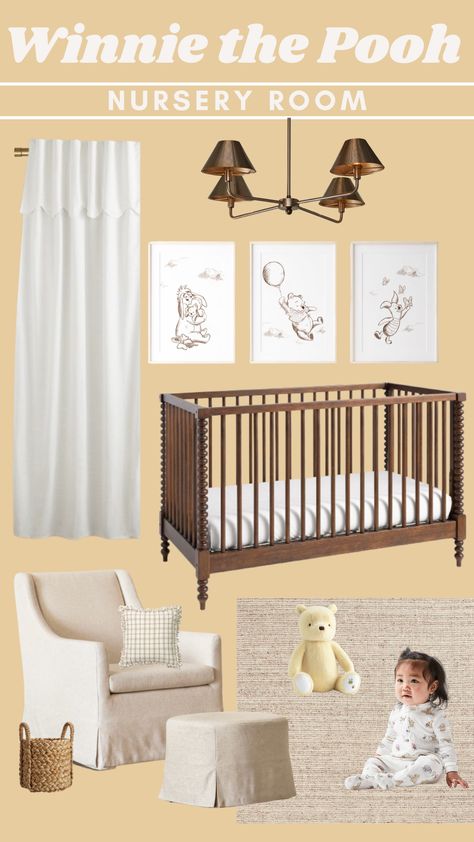 Whitney The Pooh Nursery, Neutral Winnie The Pooh Nursery, Winnie The Pooh Nursery Girl, Winnie The Pooh Nursery Ideas, Gender Neutral Nursery Themes, Classic Pooh Nursery, Classic Winnie The Pooh Nursery, Disney Inspired Nursery, Nursery Room Ideas