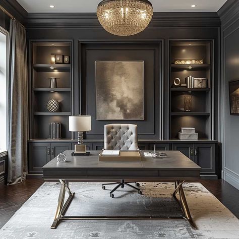 How Interior Design Color Themes Can Transform Your Home into a Haven • 333+ Images • [ArtFacade] Office With Black Built Ins, Billy Built In Desk, Office Wall With Window, Restoration Hardware Home Office, Office With Tall Ceilings, Colonial Office Design, Masculine Corporate Office, Home Office Chandelier Ideas, Classy Office Design