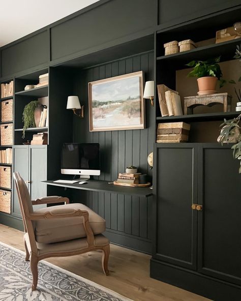 Black Cabinet Home Office, Ikea Built In Bookcase With Desk, Ikea Billy Bookcase Office, Moody Study Room, Billy Bookcase Built In, Billy Bookcase Office, Green Home Offices, Office 2023, Moody Office