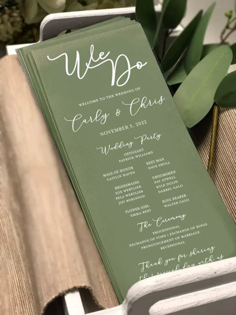 Tissue For Wedding Ceremony, Wedding Pamphlet Ceremony Programs, Wedding Program Ideas, Fall Wedding Programs, Bridesmaid Gift Tag, Wedding Name Tags, Wedding Dinner Menu, Wedding Program Fans, Emerald Green Weddings