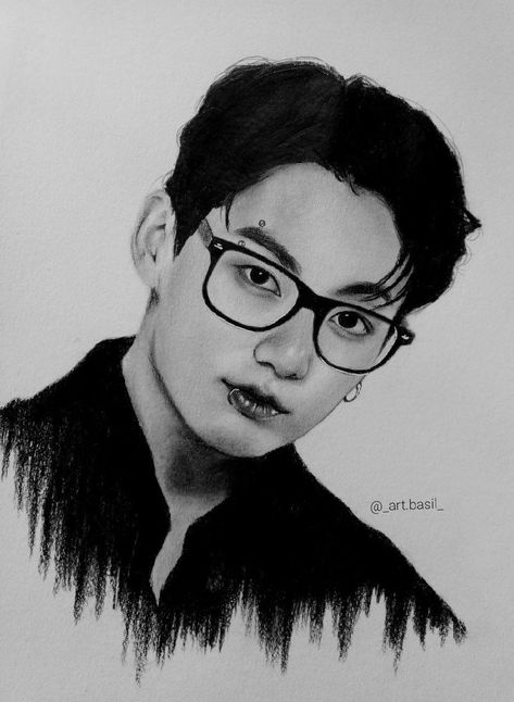 Jeon Jungkook With Glasses, Jungkook With Glasses, Jungkook Without Makeup, Kim Seokjin Photoshoot, Drawing Bts, Drawing Anime Bodies, Portraiture Drawing, Book Sculpture, Painting Art Lesson