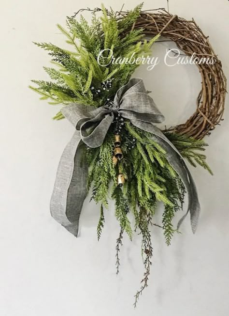 Christmas Wreaths With Bells For Front Door, Rustic Winter Wreath, Modern Winter Wreath, Boho Christmas Wreaths For Front Door, Winter Wreaths After Christmas, Wreaths For Front Door Christmas, Wreaths With Bells, Bell Wreath, Cedar Wreath