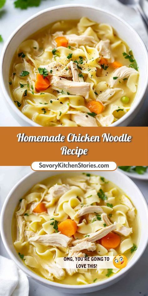 Who doesn’t love a steaming bowl of homemade chicken noodle soup on a cold day? This recipe is packed with flavor and nutrition, perfect for family gatherings or a quick meal. Pin this for quick access to comfort in a bowl anytime you need it! Chicken Soup For Colds, Easy Homemade Chicken Noodle Soup, Quick Chicken Noodle Soup, Homemade Chicken Noodle Soup Recipe, Chicken Soup Recipes Homemade, Chicken Noodle Soup Recipe Homemade, Best Chicken Noodle Soup, Chicken Noodle Soup Recipe, Chicken Noodle Soup Easy