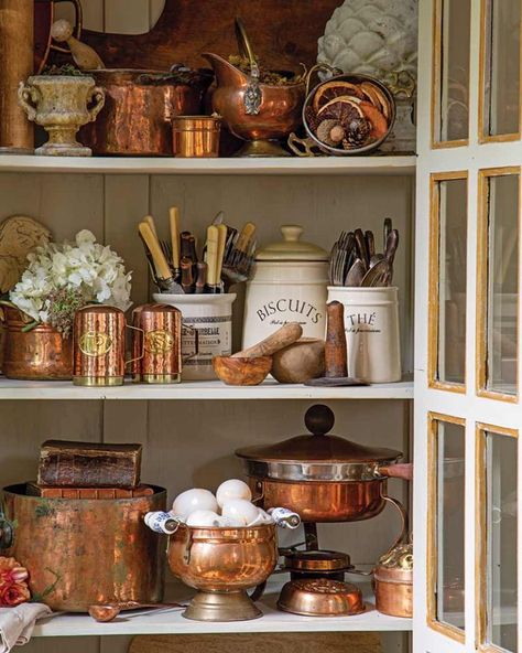 Copper Pots And Pans, Cottage Journal, Copper Decor, Organizing Hacks, French Country Kitchen, Cabinetry Design, French Kitchen, Copper Pots, Cozy Kitchen