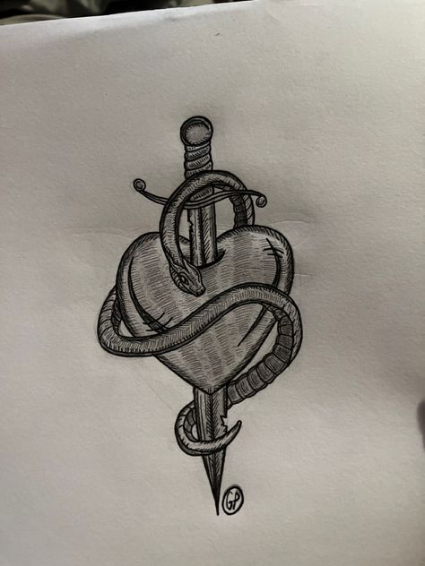 Easy Snake Tattoo, Knife And Snake Tattoo Design, Snake With Hearts Tattoo, Heart And Snake Tattoo, Snake Heart Tattoo, Heart With Knife Tattoo, Knife Through Heart Tattoo, Snake Wrapped Around Heart, Snake Protecting Heart Tattoo