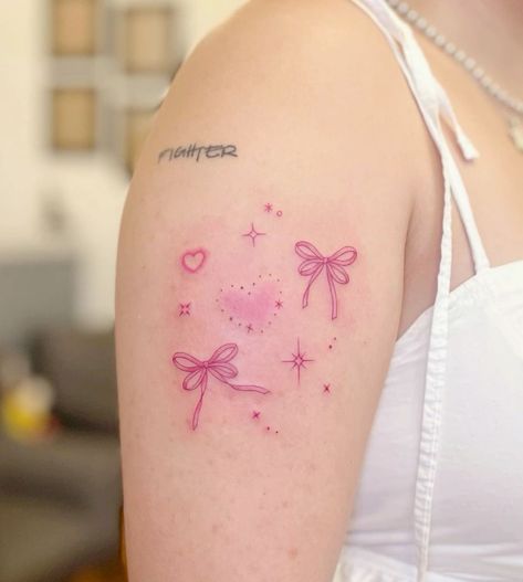 Pink Tattoo Ink, Tatuaje Hello Kitty, Pink Bow Tattoos, Soft Tattoo, Gothic Tattoos, Kpop Tattoos, Cybercore Aesthetic, Pink Tattoo, Funky Tattoos