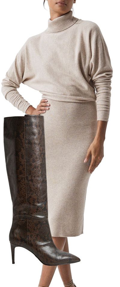 Chic Midi Dresses + Boots for Fall | Peachy the Magazine Roll Neck Jumper Dress, Roll Neck Dress, Roll Neck Jumpers, Turtleneck Sweater Dress, Neck Bodycon Dress, Long Sleeve Turtleneck, Knit Midi, Long Sleeve Midi, Wool Dress