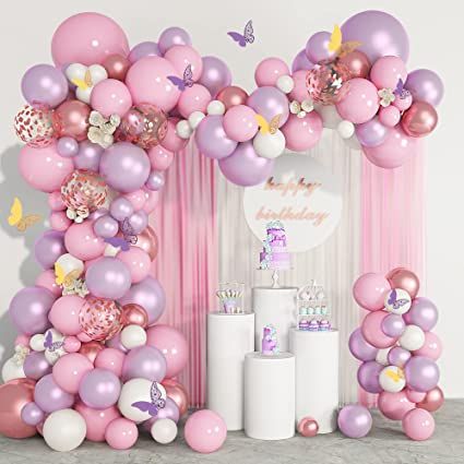 Baby Shower Princess Theme, Butterfly Balloons, Gold Confetti Balloons, Rose Gold Confetti, Purple Balloons, Rose Gold Balloons, Garland Arch, 3d Rose, Kids Party Decorations