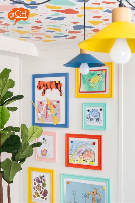 Playroom Picture Ideas, Kids Gallery Wall Artwork Display, Colorful Playroom Walls, Kids Wall Paint Ideas, Maximalist Playroom, Playroom Wall Colors, Art Classroom Design, Colorful Playroom Ideas, Colourful Playroom