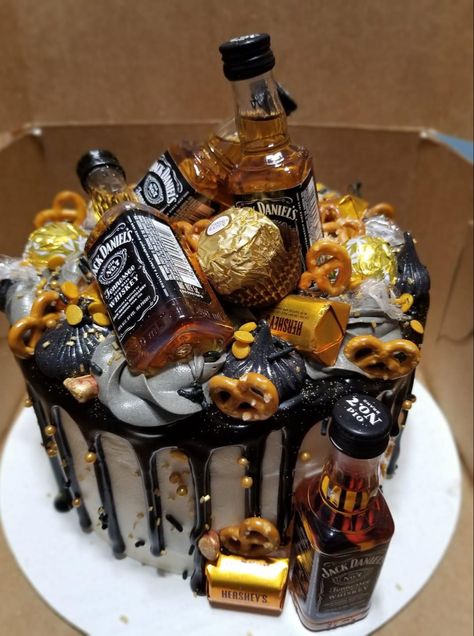 Cake With Bottles Of Alcohol, Cakes With Alcohol Bottles, Alcohol Bottle Cake, Cake With Alcohol Bottles On Top, Liquor Bottle Cake, 24th Birthday Cake, Mini Alcohol Bottles, Bottle Cake, 21st Birthday Cake