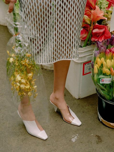 City Fashion Photography, Early Bird Gets The Worm, Summer Editorial, Clear Mules, Market Flowers, Gardening Photography, Shoes Ads, Spring Capsule Wardrobe, Flower Bomb