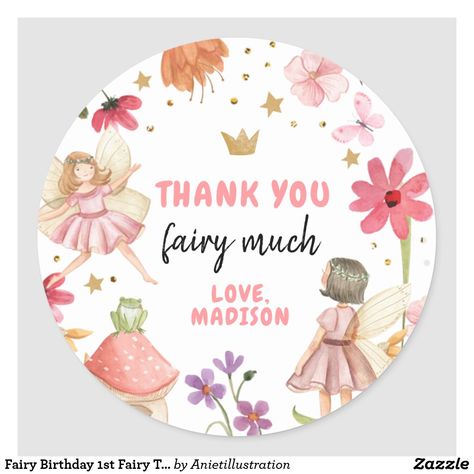 Fairy Birthday 1st Fairy Thank You Sticker Favor Fairy Theme Birthday Party, Fairy Party Favors, Fairy Garden Birthday Party, 1st Birthday Girl Decorations, Forest Gift, Fairy Tea Parties, Enchanted Fairy, Happy Birthday Cupcakes, Birthday Souvenir