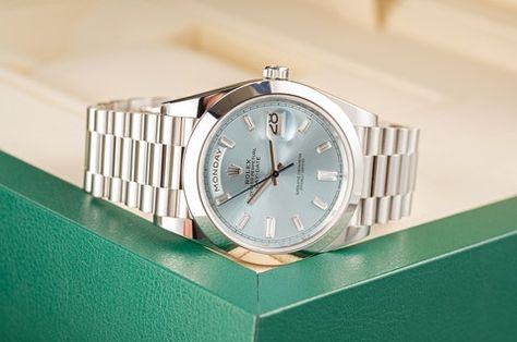 A mint example of the extremely desirable Rolex Day-Date 40 in platinum featuring an ice blue dial with baguette diamond markers. Silver Diamond Watch With Date Indicator, Silver Watch With Platinum Rectangular Dial, Silver Platinum Watch With Rectangular Dial, Rolex Day Date Platinum Ice Blue, Rolex Date Just 31 Mm, Mechanical Movement, Rolex Day Date, Baguette Diamond, Watch Collection