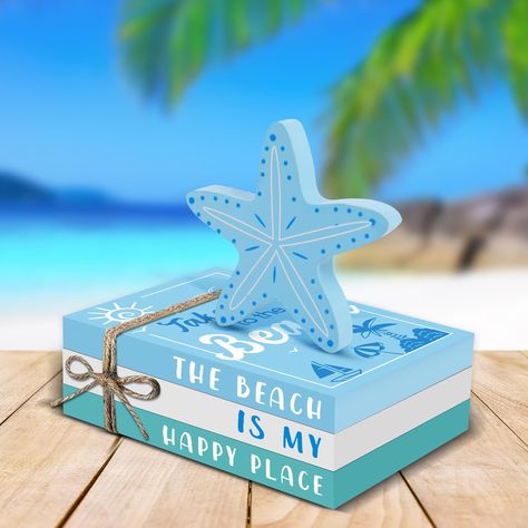 PRICES MAY VARY. 【Beach Table Sign】Our summer beach wooden table sign includes 5 pieces summer signs in different styles include 3pc fake book signs, 1pc blue beach starfish sign, 1pc wood bead garland with tassels, the enough quantity can meet your summer decoration. Decorate your home this holiday, starting with this practical double-sided wooden decor! 【Perfect Size】Perfect Size for farmhouse tray farmhouse tiered tray decor set -- The 3 fake books is 3''*4.7''*1.4'', starfish sign is 3.5''*1 Beach Wood Decor, Beach Centerpieces, Bead Tassels, Rustic Books, Farmhouse Tray, Beach Table, Shelf Decoration, Beach Wood, Wood Book