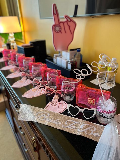 Bachelorette Centerpieces, Hotel Decorations For Bachelorette Party, Bachellorete Ideas Decor, Bach Goodie Bags, Bach Barbie Theme, Bachelorette Table Decor, Bachelorette Party Barbie, Bachelorette Goody Bag Ideas, Come On Barbie Let’s Go Party Bachelorette