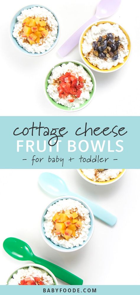 Cottage Cheese + Fruit Bowls are a fast and simple breakfast recipe for baby or toddler. This easy recipe can be made in the matter of minutes and with just about any fruit you happen to have on hand. Cottage cheese has a great thick texture which makes it easy for baby to use a spoon (or their hands) to eat. Great for 9+ months. #baby #toddler #breakfast Cottage Cheese Recipes With Fruit, Blw Cottage Cheese, Baby Cottage Cheese Recipe, Cottage Cheese For Toddlers, Cottage Cheese For Babies, Cottage Cheese And Fruit Recipes, Cottage Cheese Baby Food Recipes, Cottage Cheese With Fruit, Cottage Cheese Fruit