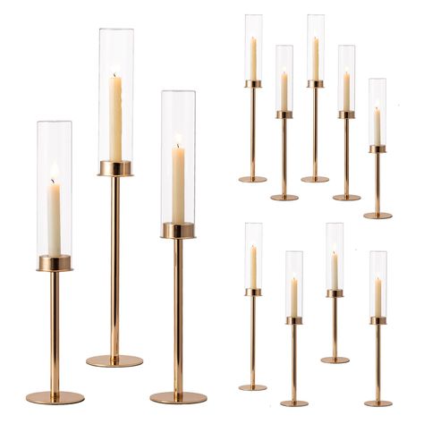 PRICES MAY VARY. Hurricane Taper Candle Holders: The candle stick holder is crafted from blown glass hurricane candle holder with metal taper holder, a statement piece for a glowing atmosphere. The clear glass hurricane is great for outdoor venues as glass keeps flame protected. Measurements: Set of gold candlestick holder in 3 assorted heights: 19.7 inches/50 cm, 21.7 inches/55 cm, 23.6 inches/60 cm(with hurricane height). The candle hole diameter: 0.86 inches/2.2 cm, fits 7/8" tapered candles( Gold Candle Stick Holder With Ivory Candles, Gold Tapper Candle Holders, Gold Candle Sticks On Mantle, Round Table Centerpieces Wedding Taper Candles, Candle Stick Holders Decor, Gold Candle Stick Holders, Gold Taper Candle Holders, Candelabra Centerpieces, Stick Candle Holder