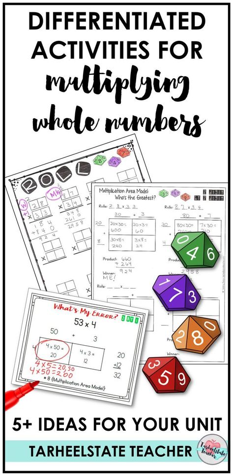 Looking for ideas and activities to make your multiplication unit more fun and rigorous for your 4th or 5th graders? These 5 ideas for multiplying whole numbers using the area model/array model and standard algorithm will help you differentiate for your students with ease. Get your free download of the "Roll and Multiply" multiplication game and a continuum of skills to help you scaffold students to better mastery of multiplication. Strategies for differentiation included! Area Model Multiplication Activities, Standard Algorithm Multiplication, Area Model Multiplication, Multiplication Game, Area Model, Multiplication Strategies, Multiplication Activities, Math Fact Fluency, Whole Numbers