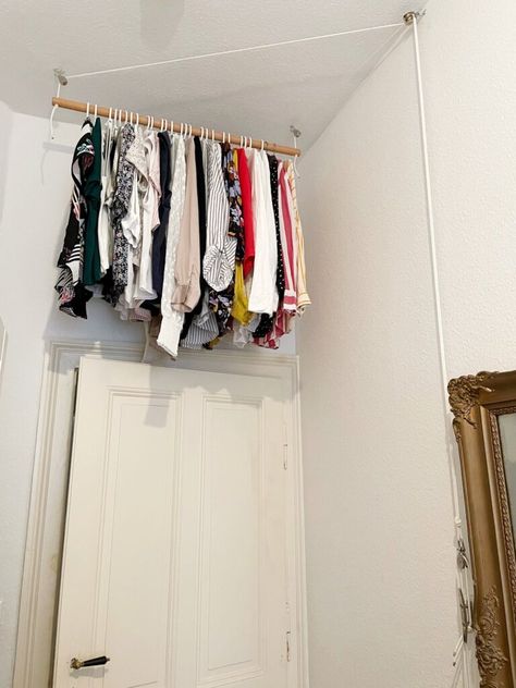 Hangbird | Customer pictures of Hangbird Suspended Clothing Rack, Ceiling Clothes Rack, Ceiling Storage Ideas, Clothes Hanging Ideas, Diy Clothes Rail, Hanging Clothes Dryer, Gallery Show, Ceiling Storage, Closet Colors