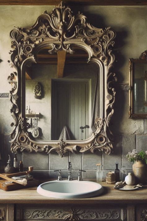 Add a touch of nostalgia to your rustic bathroom with this vintage mirror. The ornate frame tells a story of timeless elegance. #VintageBathroom #RusticDecor Mirror Magic, Mirror Ideas, Ornate Mirror, Vintage Bathroom, Rustic Bathroom, Vintage Mirror, Ornate Frame, Antique Mirror, Vintage Charms