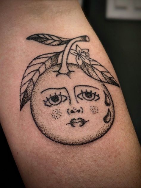 Fruit With Faces Tattoo, Orange Tattoo Traditional, Orange Slice Tattoo Traditional, Arm Sticker Sleeve, Orange Ink Tattoo, Orange Tattoo Black And White, Orange Juice Tattoo, Oranges Tattoo, Clementine Tattoo