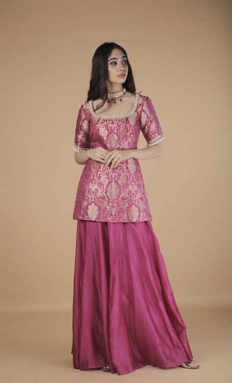 North Indian Dress, Satin Western Outfits, Brocade Indian Outfits, Bridesmaid Outfit Ideas Indian, Saree To Dress Designs, Kurti Skirt Indian Weddings, Skirt And Kurti Indian, Banaras Kurti Designs, Wedding Western Outfits