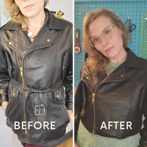 Some alteration projects are big, and some are small tips and tricks. This leather jacket restyle was one of my bigger alterations and restyle projects. This was an old men's leather jacket that was quite roomy on me. I used the "4 step fitting framework" to: Analyze: There was a lot of hardware in this jacket to work around, but also a lot of seams that could be opened and adjusted. Fit: I basically gutted most of the jacket, removed the zipper, cut it off at the waist seam, tried it on agai... Seam Stitch, Men's Leather Jacket, Sewing Studio, Cut It, Old Men, The 4, Tips And Tricks, Leather Jacket, Zipper