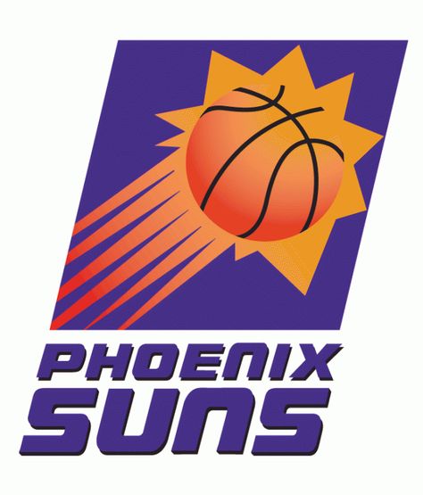 Phoenix Suns Primary Logo (1993) -  Sun streaking in a purple box above script Phoenix Suns Logo, Phoenix Suns Basketball, Suns Basketball, Hakeem Olajuwon, Shingle Colors, Sun Logo, Easy Coloring, Anniversary Logo, Nba Logo