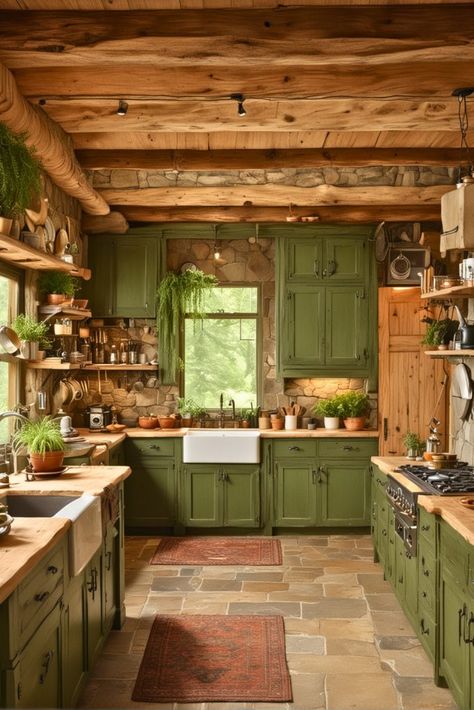 Kitchens With Green Tiles, Green On Green Kitchen, Cottagecore Kitchen Green, Green English Kitchen, Green Interior House, Forest Kitchen Aesthetic, Green Colored Kitchen, Small Kitchen Green, Green Lower Cabinets White Upper